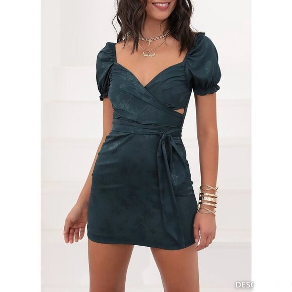Lucy In The Sky Satin Floral Puff Sleeve Wrap Mini Dress Party Cocktail Green XS - Picture 1 of 9